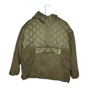 BASS Outdoor Quilted Sherpa Pullover Jacket XS Olive Green Hooded Half Snap
